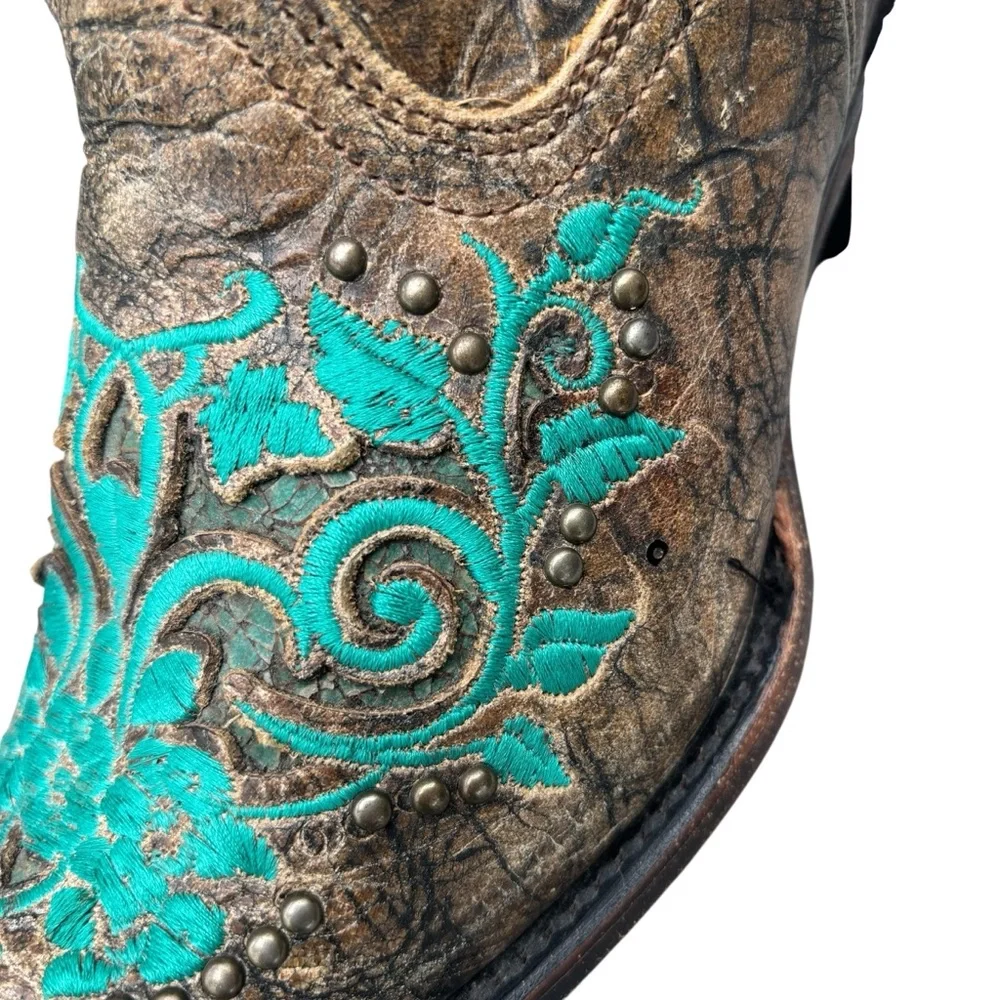 CORRAL Boots Dark Antique Saddle Floral Turquoise Inlay & Studs 6.5 - Picture 9 of 16